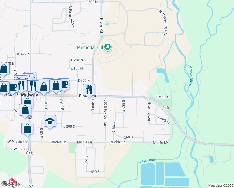 map of restaurants, bars, coffee shops, grocery stores, and more near 528 East Main Street in Midway