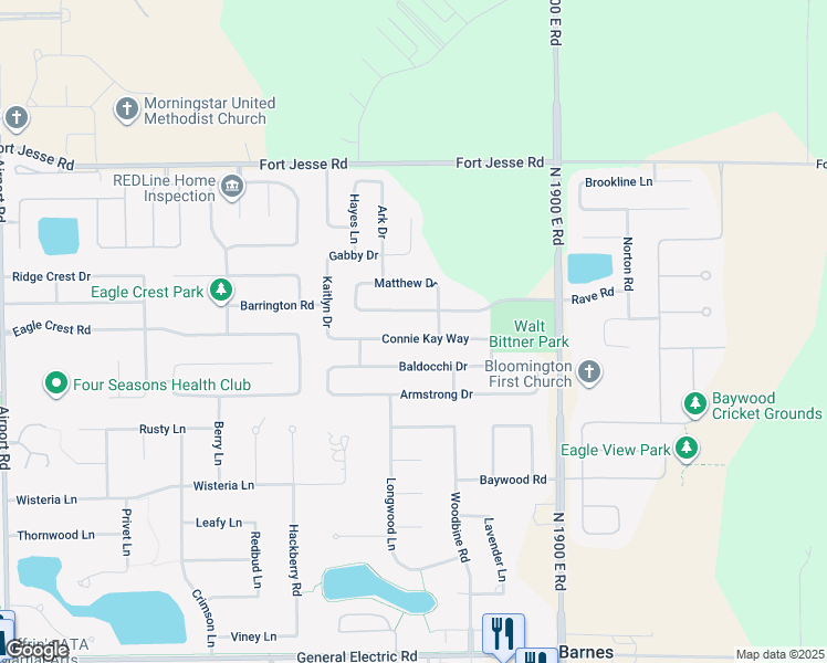map of restaurants, bars, coffee shops, grocery stores, and more near 3612 Connie Kay Way in Bloomington
