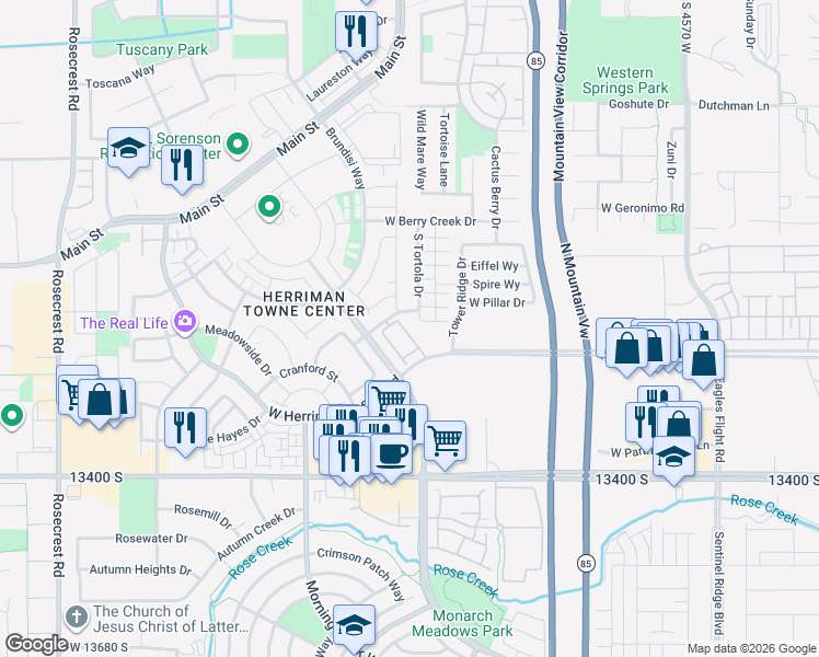 map of restaurants, bars, coffee shops, grocery stores, and more near 13221 Dominica Lane in Herriman