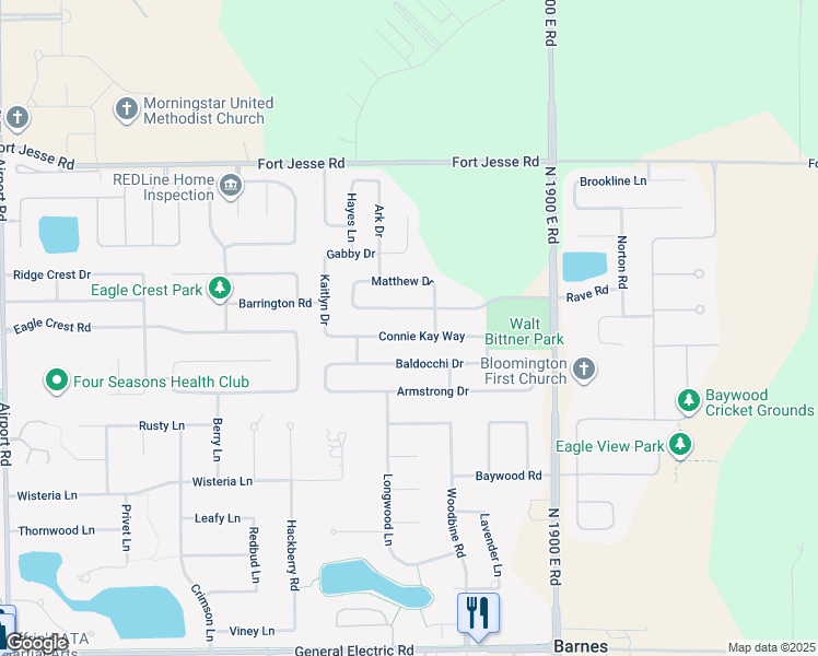 map of restaurants, bars, coffee shops, grocery stores, and more near 3612 Connie Kay Way in Bloomington