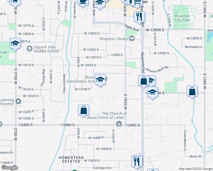 map of restaurants, bars, coffee shops, grocery stores, and more near 13150 South 1830 West in Riverton