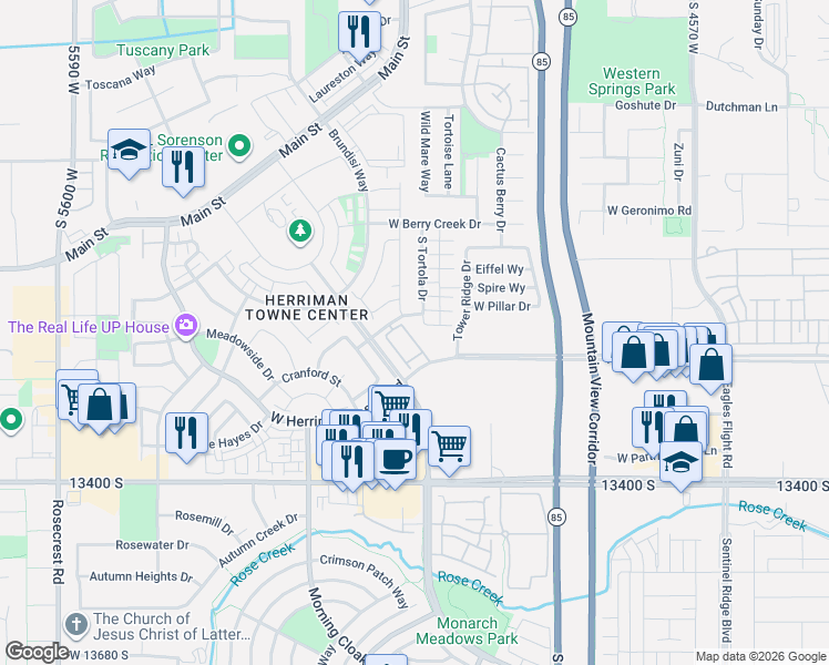 map of restaurants, bars, coffee shops, grocery stores, and more near 13228 Dominica Lane in Herriman