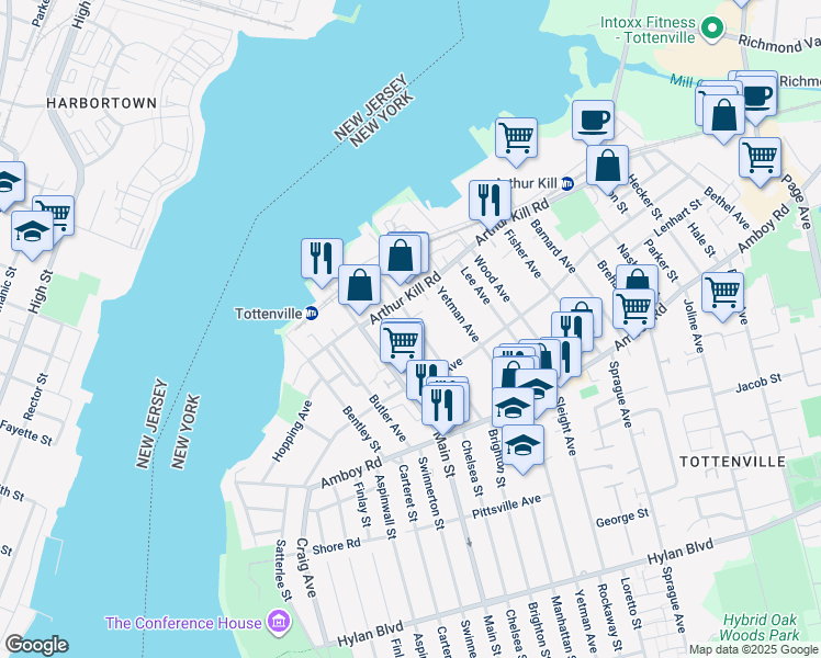 map of restaurants, bars, coffee shops, grocery stores, and more near 130 Tyrrell Street in Staten Island