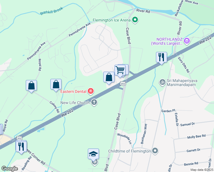 map of restaurants, bars, coffee shops, grocery stores, and more near 445 U.S. 202 in Flemington