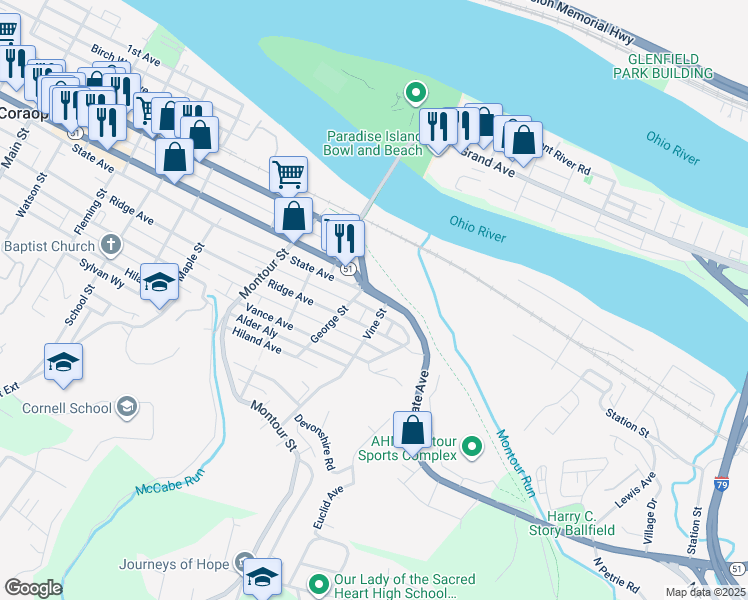 map of restaurants, bars, coffee shops, grocery stores, and more near 1708 Orchard Way in Coraopolis