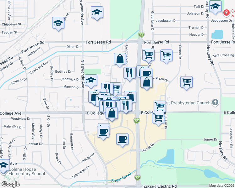map of restaurants, bars, coffee shops, grocery stores, and more near 1550 East College Avenue in Normal