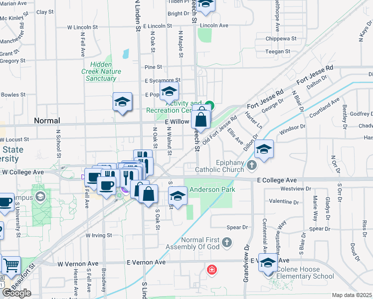map of restaurants, bars, coffee shops, grocery stores, and more near 206 N Maple St in Normal