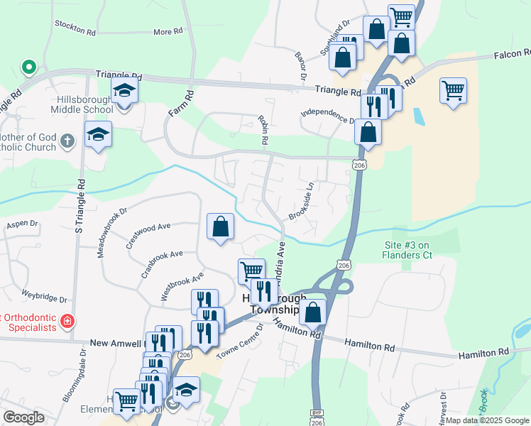 map of restaurants, bars, coffee shops, grocery stores, and more near 524 Andria Avenue in Hillsborough Township