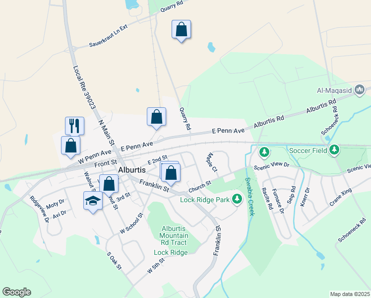 map of restaurants, bars, coffee shops, grocery stores, and more near 175 East 2nd Street in Alburtis
