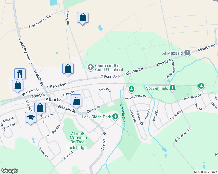 map of restaurants, bars, coffee shops, grocery stores, and more near 268 Maple Court in Alburtis