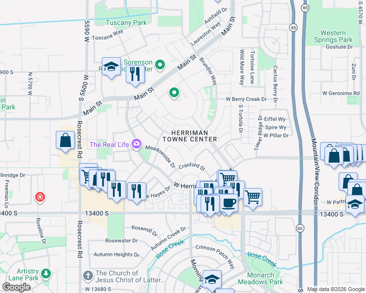 map of restaurants, bars, coffee shops, grocery stores, and more near 13202 South Lowick Lane in Herriman