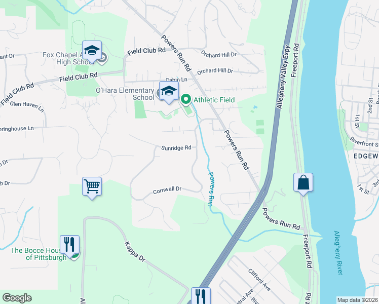 map of restaurants, bars, coffee shops, grocery stores, and more near 122 Cornwall Drive in Pittsburgh