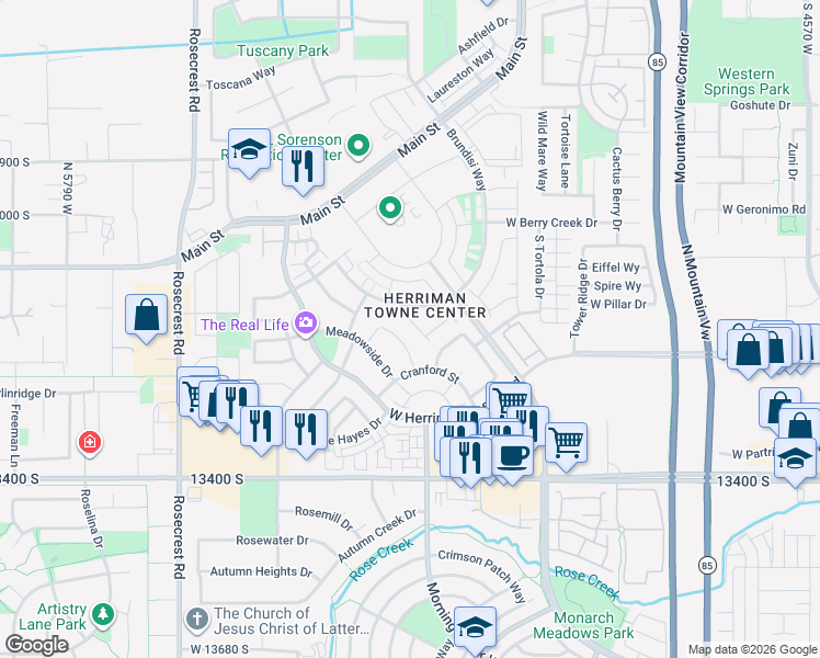 map of restaurants, bars, coffee shops, grocery stores, and more near 13202 South Lowick Lane in Herriman