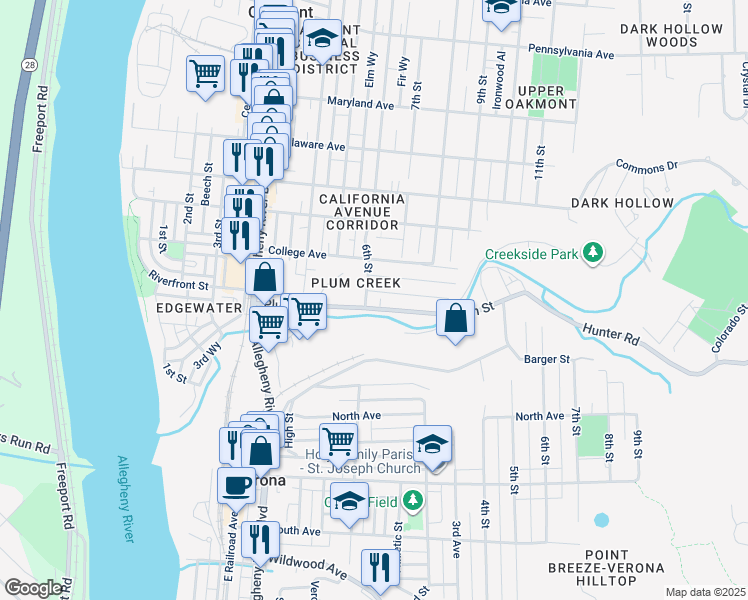 map of restaurants, bars, coffee shops, grocery stores, and more near 102 6th Street in Oakmont