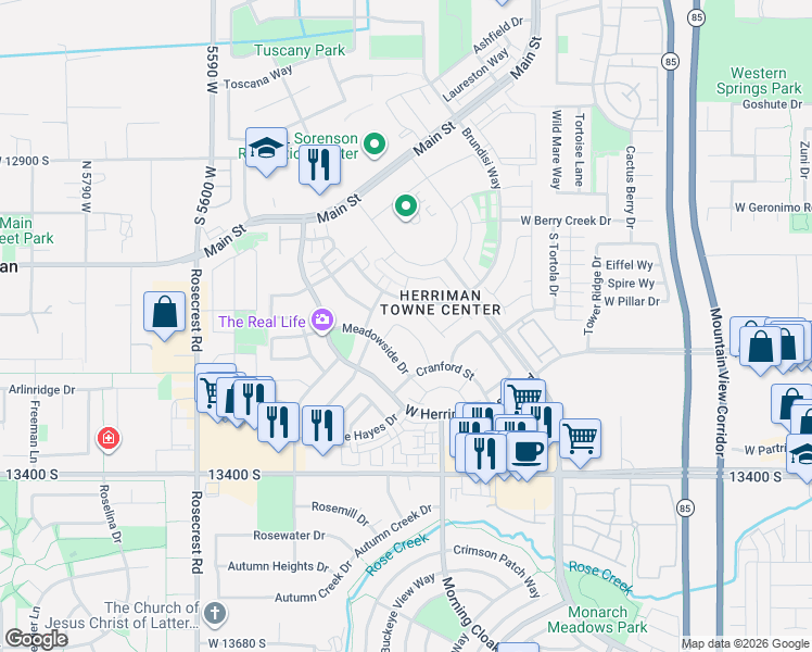 map of restaurants, bars, coffee shops, grocery stores, and more near 13211 Weatherford Lane in Herriman