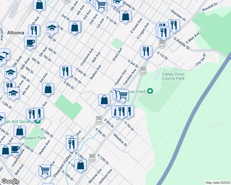 map of restaurants, bars, coffee shops, grocery stores, and more near 701-03 South 6th Street in Altoona