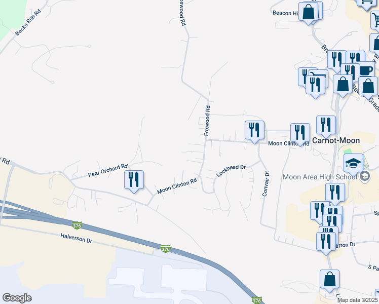 map of restaurants, bars, coffee shops, grocery stores, and more near 336 Moon Clinton Road in Carnot-Moon