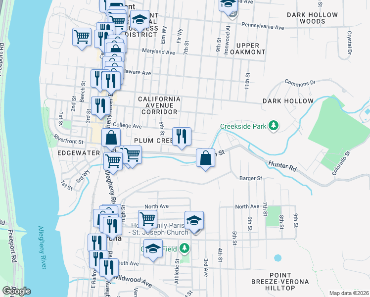 map of restaurants, bars, coffee shops, grocery stores, and more near 712 Valley Street in Oakmont