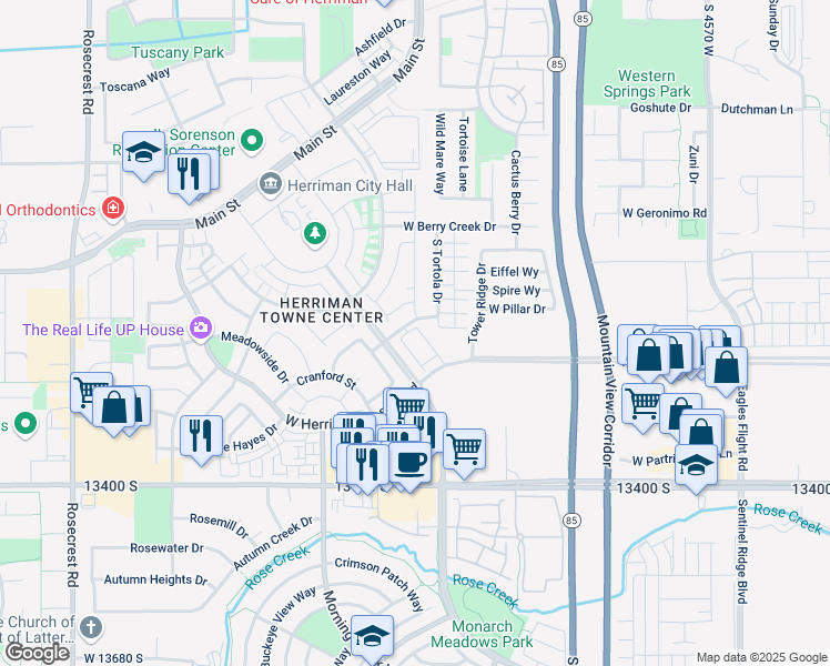 map of restaurants, bars, coffee shops, grocery stores, and more near 13222 Dominica Lane in Herriman