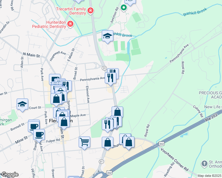 map of restaurants, bars, coffee shops, grocery stores, and more near 65 Route 31 in Flemington