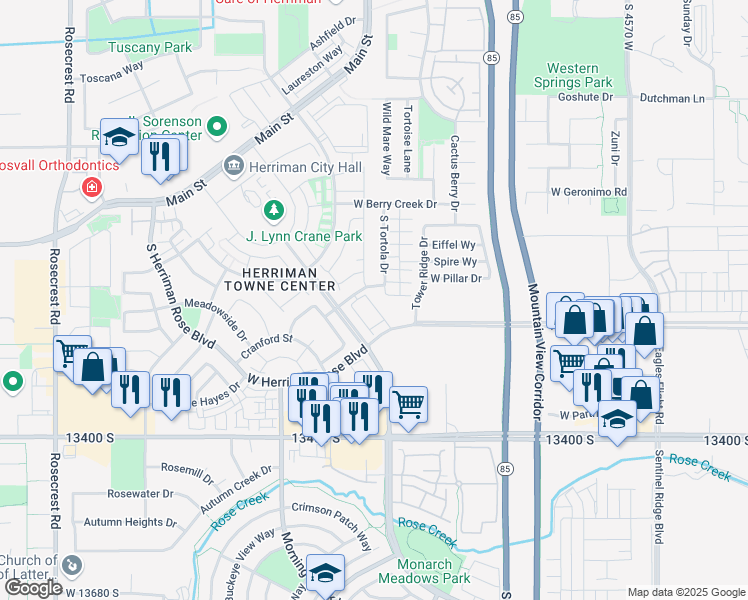 map of restaurants, bars, coffee shops, grocery stores, and more near 13221 Dominica Lane in Herriman