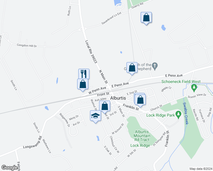 map of restaurants, bars, coffee shops, grocery stores, and more near 108 North Main Street in Alburtis