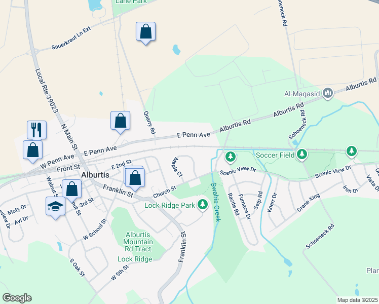 map of restaurants, bars, coffee shops, grocery stores, and more near 264 Maple Court in Alburtis