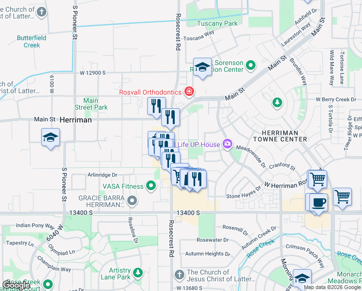 map of restaurants, bars, coffee shops, grocery stores, and more near 13213 Eagle Peak Drive in Herriman