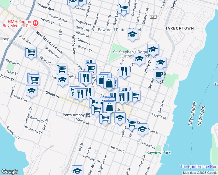 map of restaurants, bars, coffee shops, grocery stores, and more near 219 New Brunswick Avenue in Perth Amboy