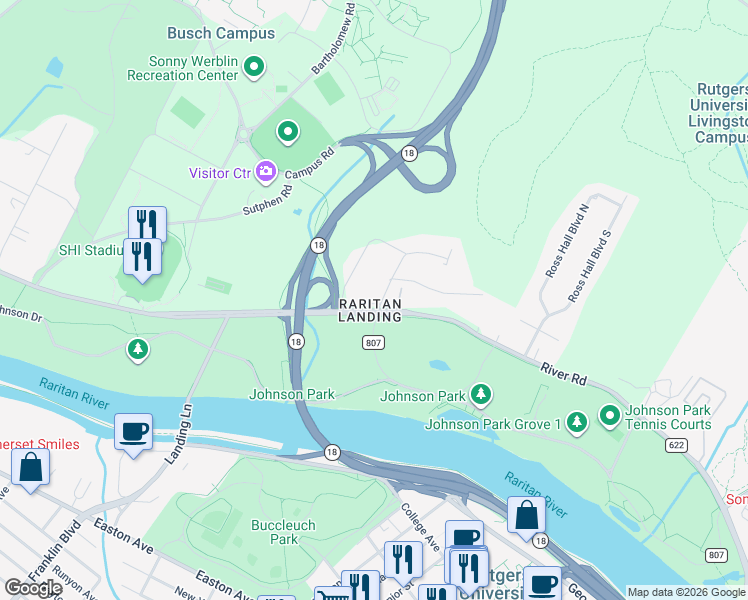 map of restaurants, bars, coffee shops, grocery stores, and more near 5 Hillcrest Drive in Piscataway