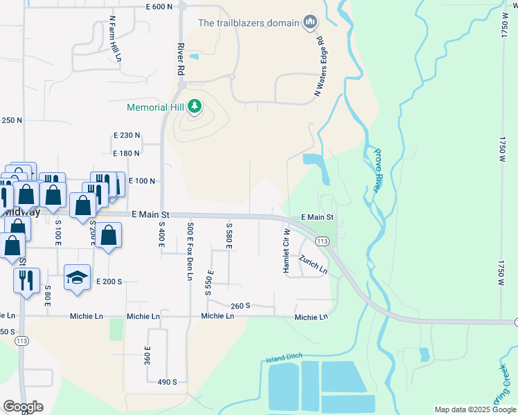 map of restaurants, bars, coffee shops, grocery stores, and more near 695 East Main Street in Midway