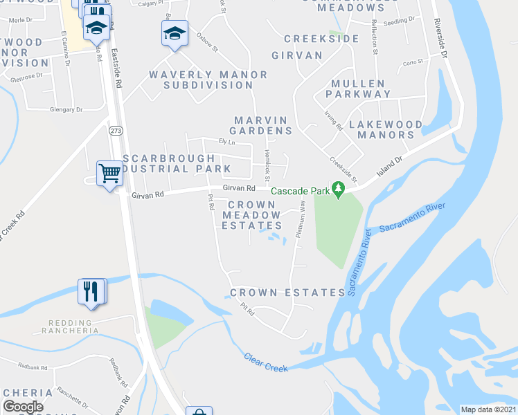 map of restaurants, bars, coffee shops, grocery stores, and more near 2401 Pendant Way in Redding