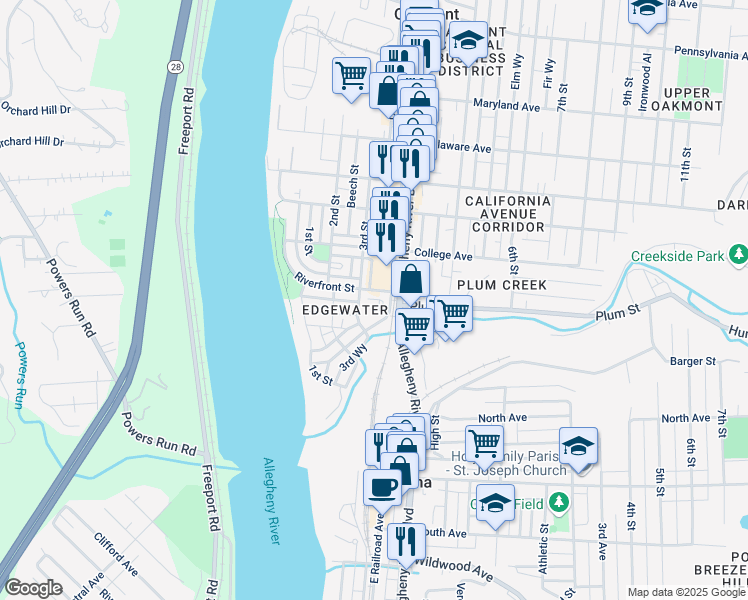 map of restaurants, bars, coffee shops, grocery stores, and more near 41 Allegheny Avenue in Oakmont
