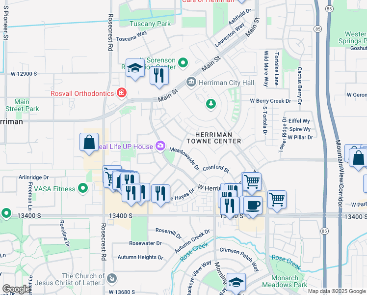 map of restaurants, bars, coffee shops, grocery stores, and more near 5319 Elsmere Lane in Herriman