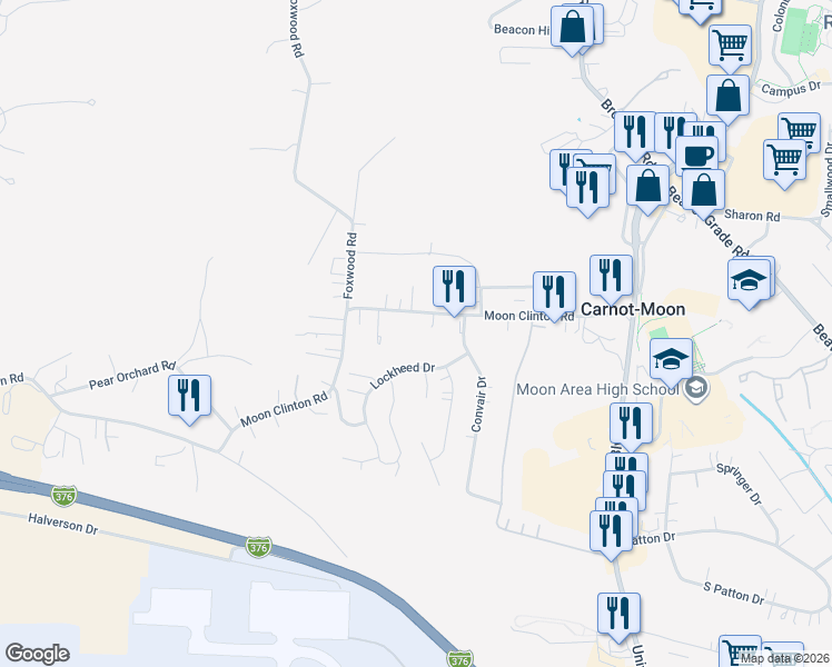map of restaurants, bars, coffee shops, grocery stores, and more near 118 Lockheed Drive in Coraopolis