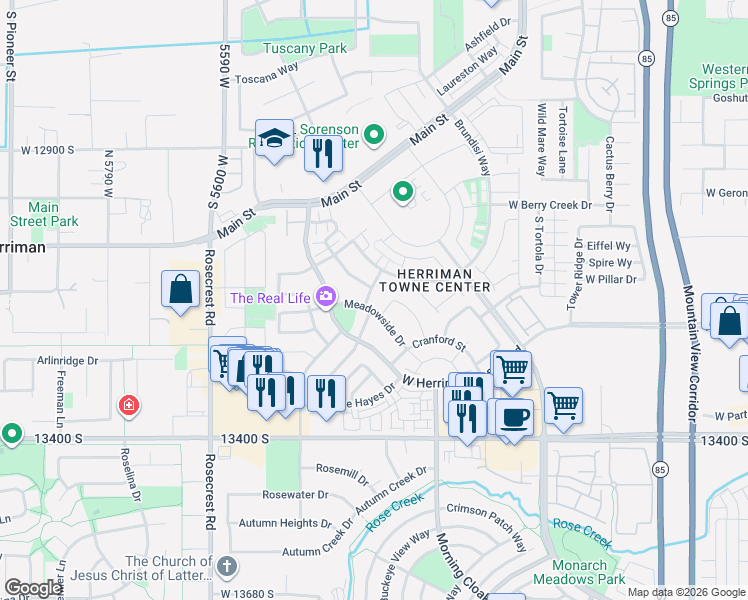 map of restaurants, bars, coffee shops, grocery stores, and more near 5319 Elsmere Lane in Herriman