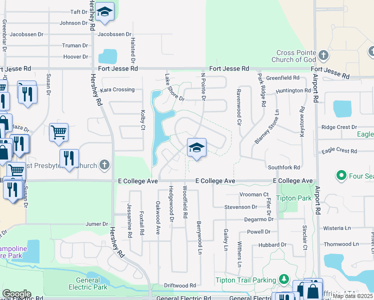 map of restaurants, bars, coffee shops, grocery stores, and more near 2509 North Pointe Drive in Bloomington
