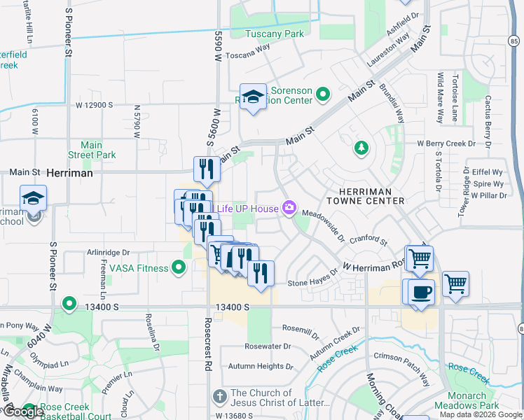 map of restaurants, bars, coffee shops, grocery stores, and more near 5472 Meadowside Drive in Herriman