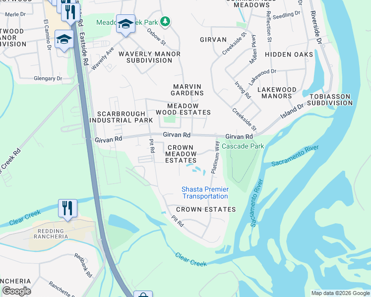 map of restaurants, bars, coffee shops, grocery stores, and more near 2401 Pendant Way in Redding