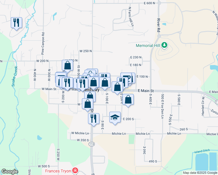 map of restaurants, bars, coffee shops, grocery stores, and more near 103 East Main Street in Midway