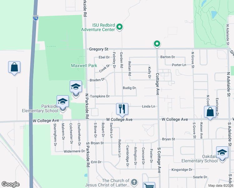 map of restaurants, bars, coffee shops, grocery stores, and more near 1707 Tompkins Drive in Normal