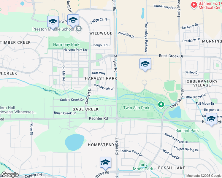map of restaurants, bars, coffee shops, grocery stores, and more near 3039 County Fair Lane in Fort Collins