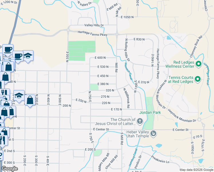 map of restaurants, bars, coffee shops, grocery stores, and more near 956 East 380 North in Heber City