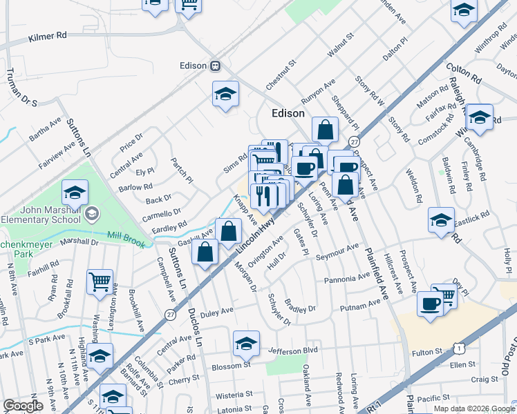 map of restaurants, bars, coffee shops, grocery stores, and more near 1723 New Jersey 27 in Edison