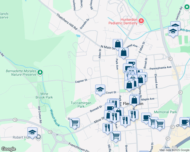 map of restaurants, bars, coffee shops, grocery stores, and more near 51 Capner Street in Flemington