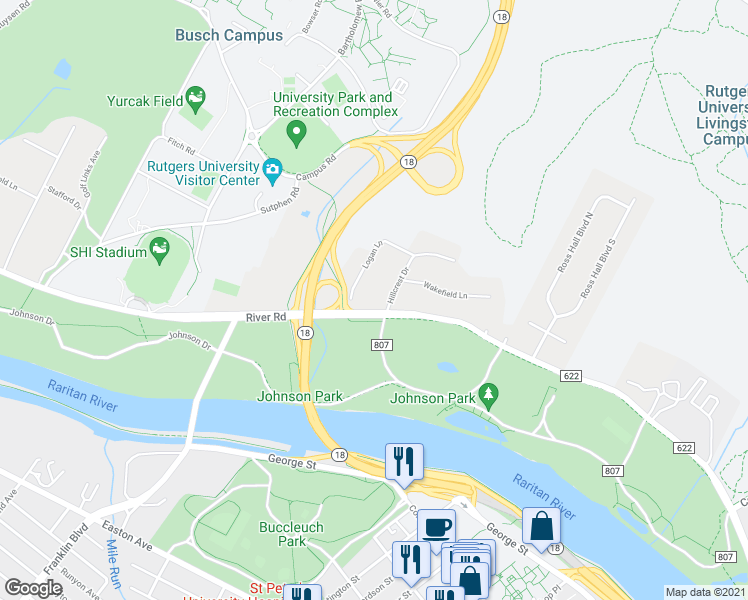 map of restaurants, bars, coffee shops, grocery stores, and more near 5 Hillcrest Drive in Piscataway