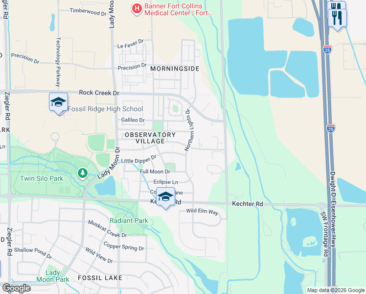 map of restaurants, bars, coffee shops, grocery stores, and more near 5363 Northern Lights Drive in Fort Collins