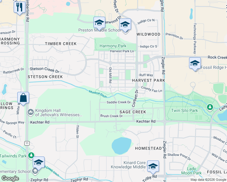map of restaurants, bars, coffee shops, grocery stores, and more near 5408 Old Mill Road in Fort Collins