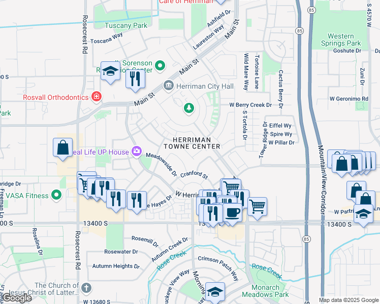 map of restaurants, bars, coffee shops, grocery stores, and more near 13227 Weatherford Lane in Herriman