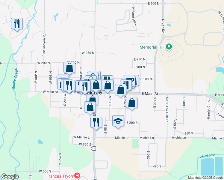 map of restaurants, bars, coffee shops, grocery stores, and more near 103 East Main Street in Midway